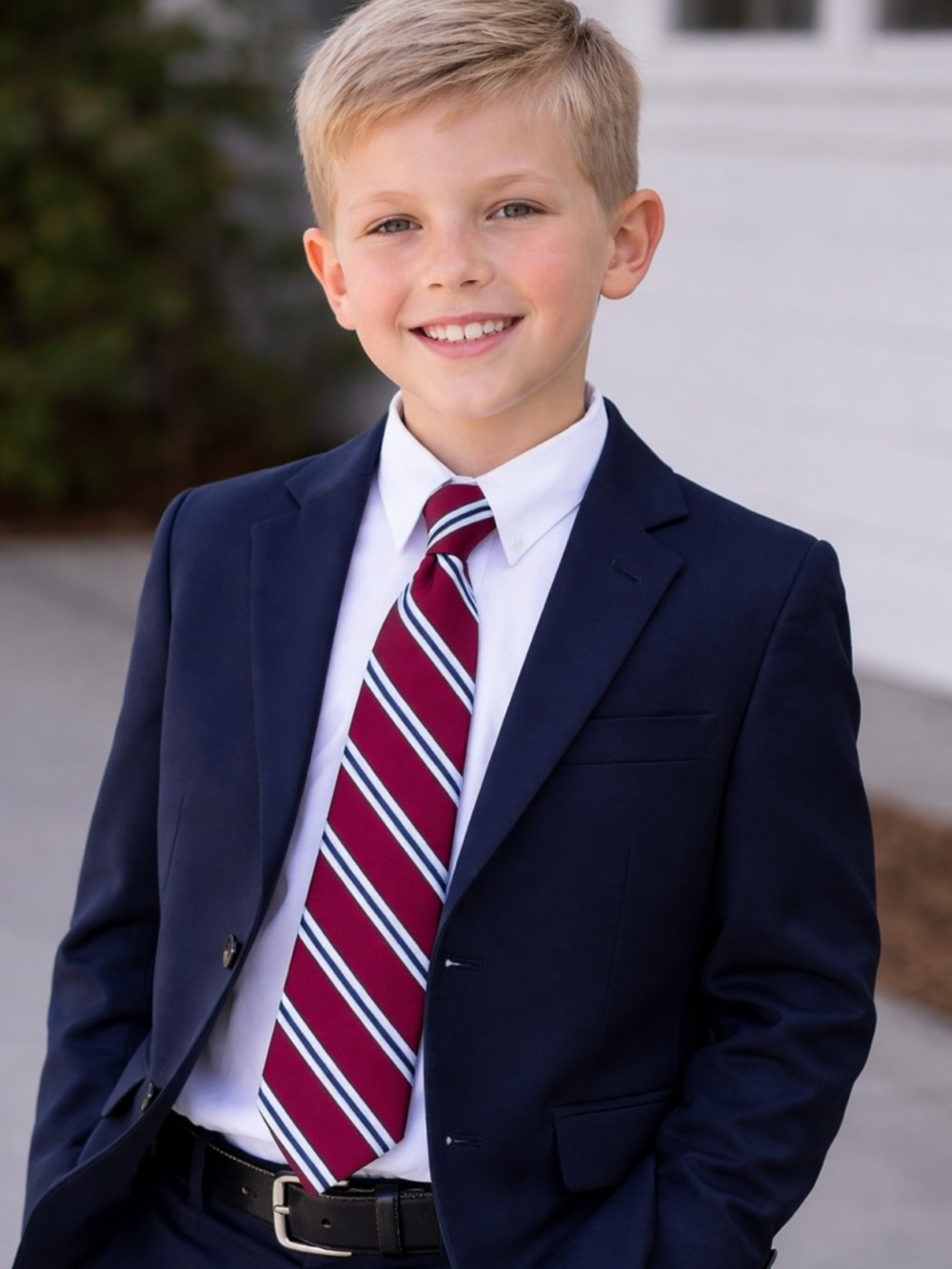 Boys clip on neck tie Burgundy + Blue Striped size 8 to 10 formal dressy church